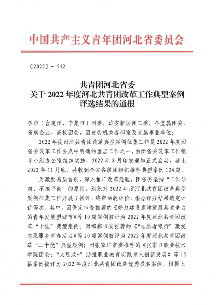 喜报 | beat365官网2篇案例获评2022年度河北共青团改革优秀提名案例